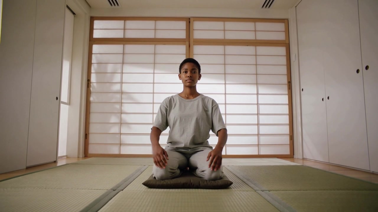 La telecamera si allontana mostrando una donna con top e pantaloni chiari che si sistema in posizione seiza su un zabuton, meditando.