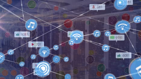 animación de la red de conexiones y los iconos de las redes sociales en los servidores