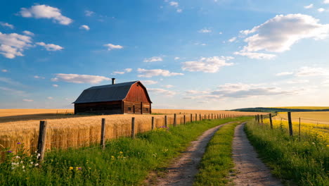 barn and wheat field on a sunny day