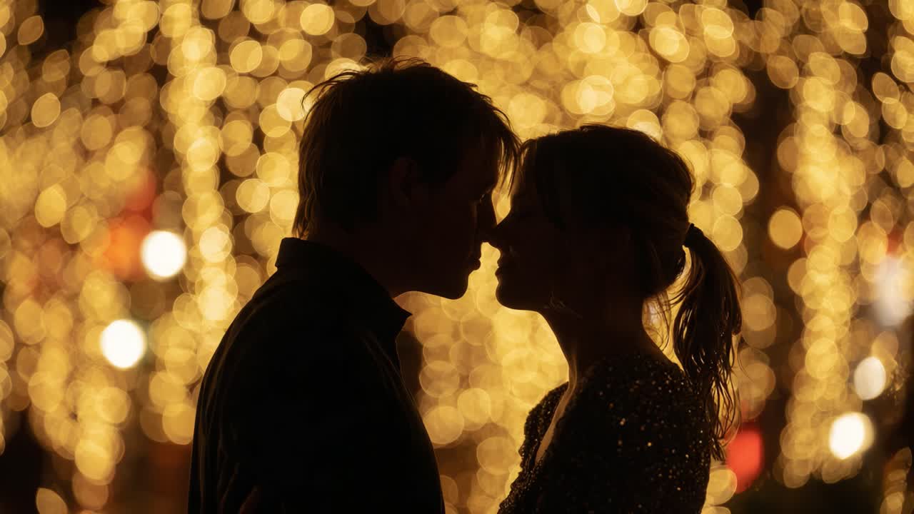 A Romantic Moment Captured in Silhouette: Two Lovers Sharing a Kiss Amidst Glowing Lights, Embodying Love and Connection in a Dreamy Atmosphere