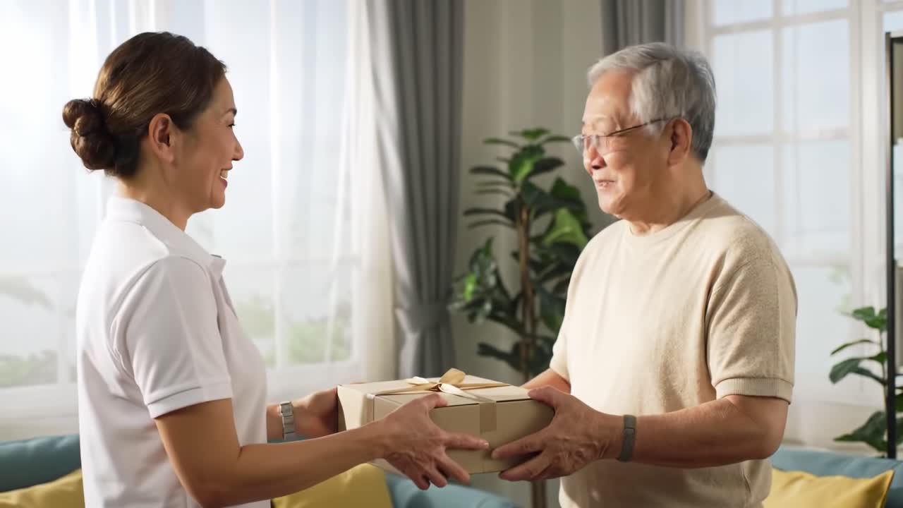 A helper hands a carefully wrapped package to an elderly man in a bright, welcoming living room. The atmosphere is warm and friendly, showcasing a thoughtful interaction between them.