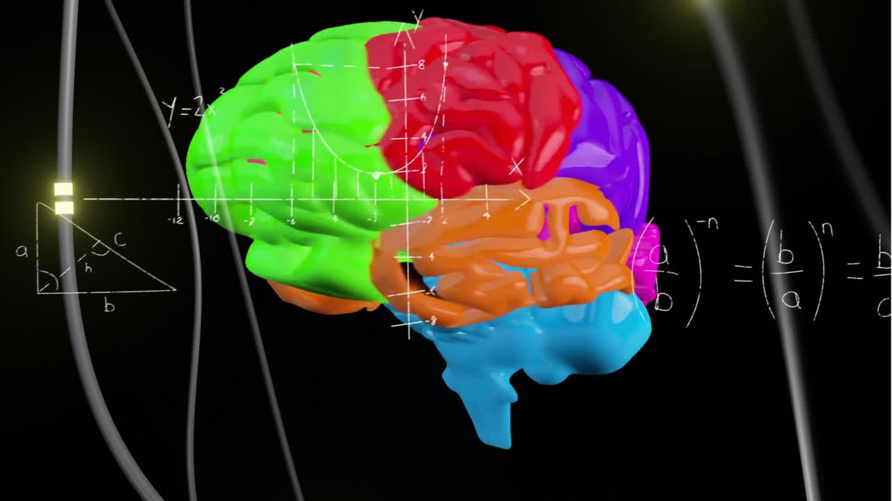 animación del cerebro digital girando sobre ecuaciones matemáticas
