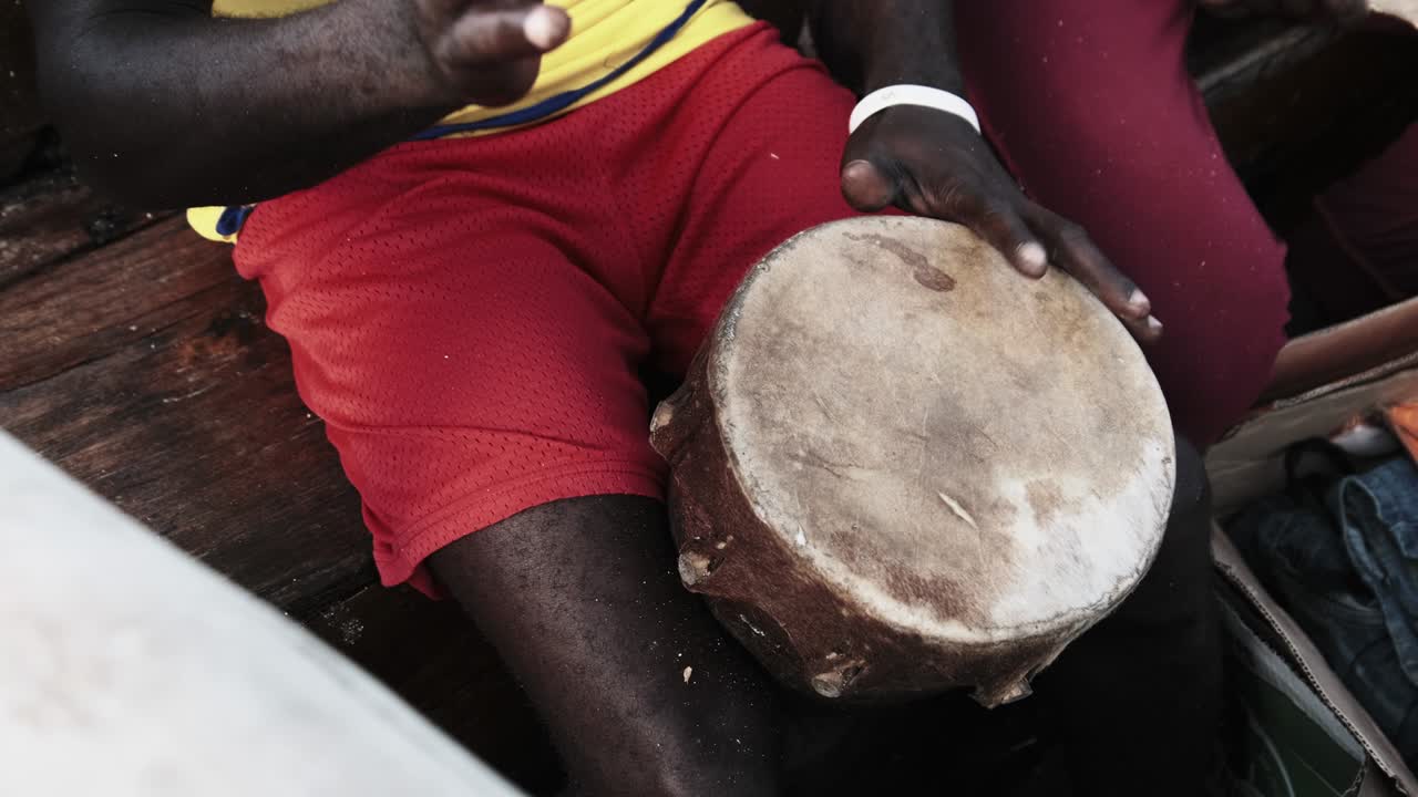 Local Africans Playing Drums on Traditional Dhow Boat at Trip, Zanzibar