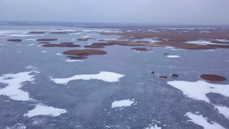 aerial view of frozen lake liepaja during the winter, blue ice with cracks, dry yellowed reed islands, overcast winter day, wide drone shot moving forward