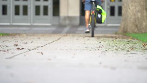 un estudiante va en bicicleta por el campus en una tarde soleada