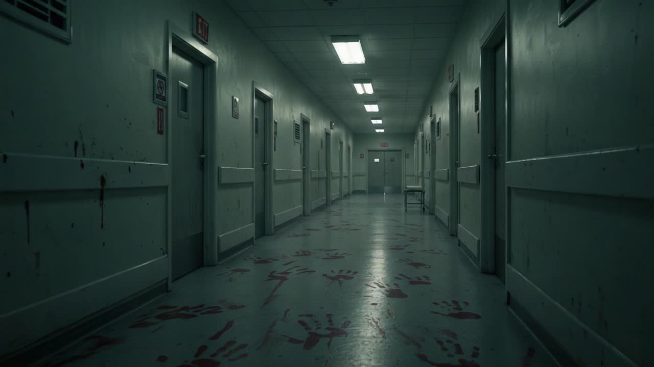 A Haunting Descent Into an Abandoned Hallway: Exploring the Eerie Atmosphere of Bloodstained Floors and Empty Doors in a Ghostly Setting