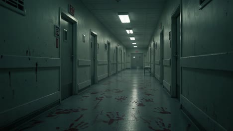 a haunting descent into an abandoned hallway: exploring the eerie atmosphere of bloodstained floors and empty doors in a ghostly setting