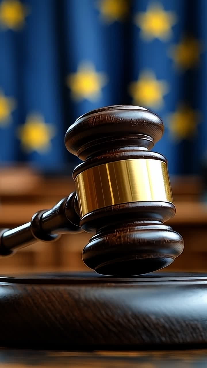 Courtroom gavel with European Union flag. A wooden gavel rests on a podium in a courtroom setting, with the European Union flag displayed in the background.