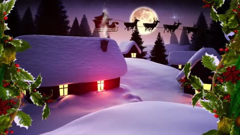 Christmas-decorations-against-santa-claus-in-sleigh-being-pulled-by-reindeers-over-winter-landscape