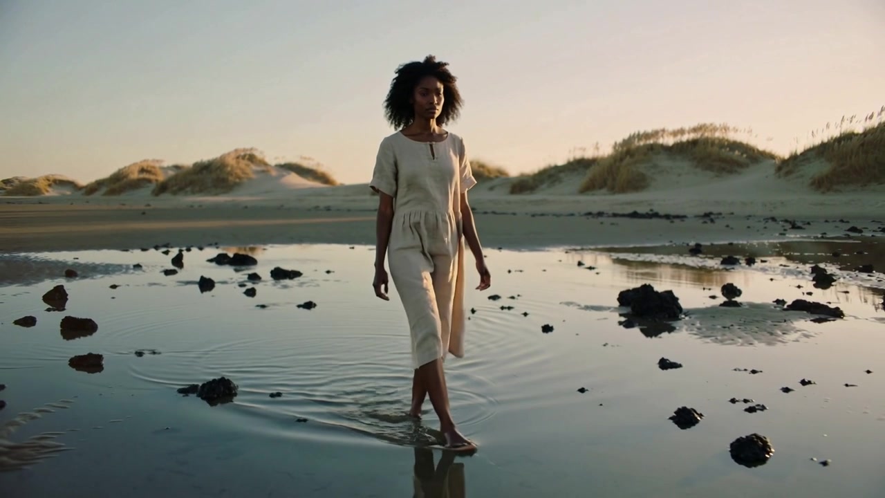 En kvinde i beige kjole træder ned i vandet, går barfodet på vådt sand med tang og skaber krusninger.