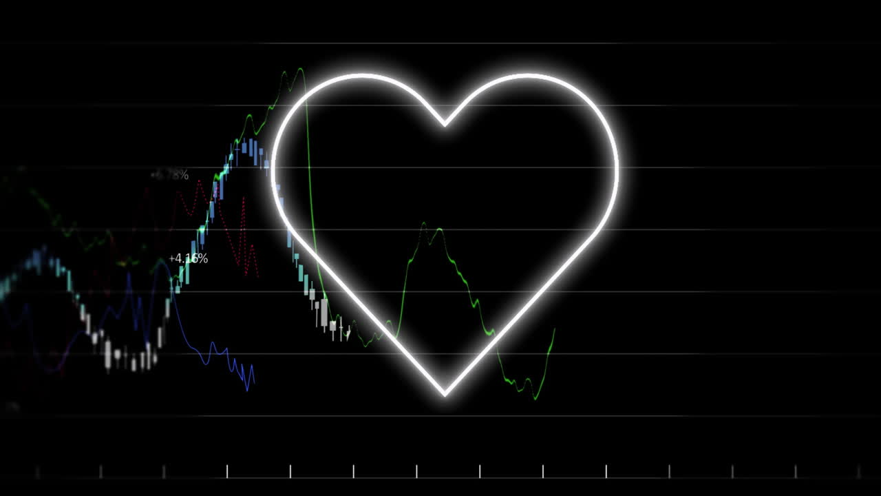 Animation of glowing heart over financial graph in school setting