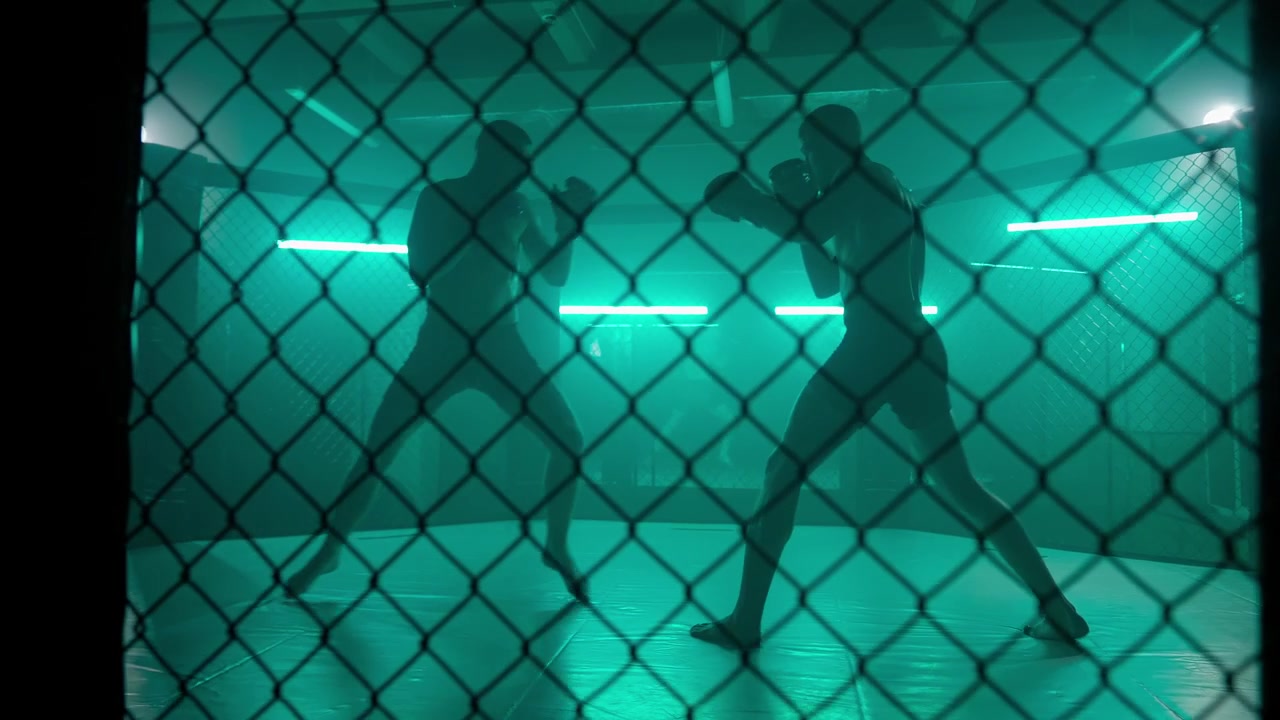 Silhouettes of Two Men Sparring in a Green Lit Boxing Cage