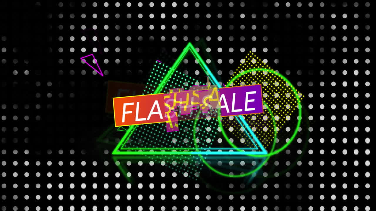 다채로운 모양의 애니메이션과 검은 바탕에  반점 위에 플래시 판매 텍스트