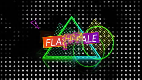 animación de formas coloridas y texto de venta en flash sobre manchas blancas sobre fondo negro