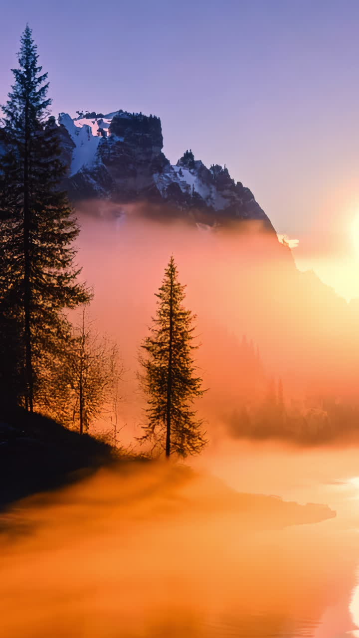A beautiful mountain landscape with a large sun in the sky. The sky is ...