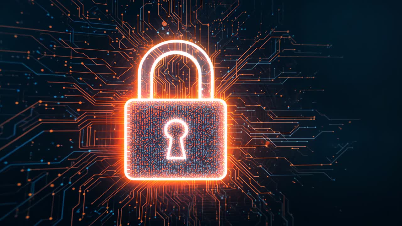 Pulsing padlock icon lighting circuits shifting colors in security network with drifting particles