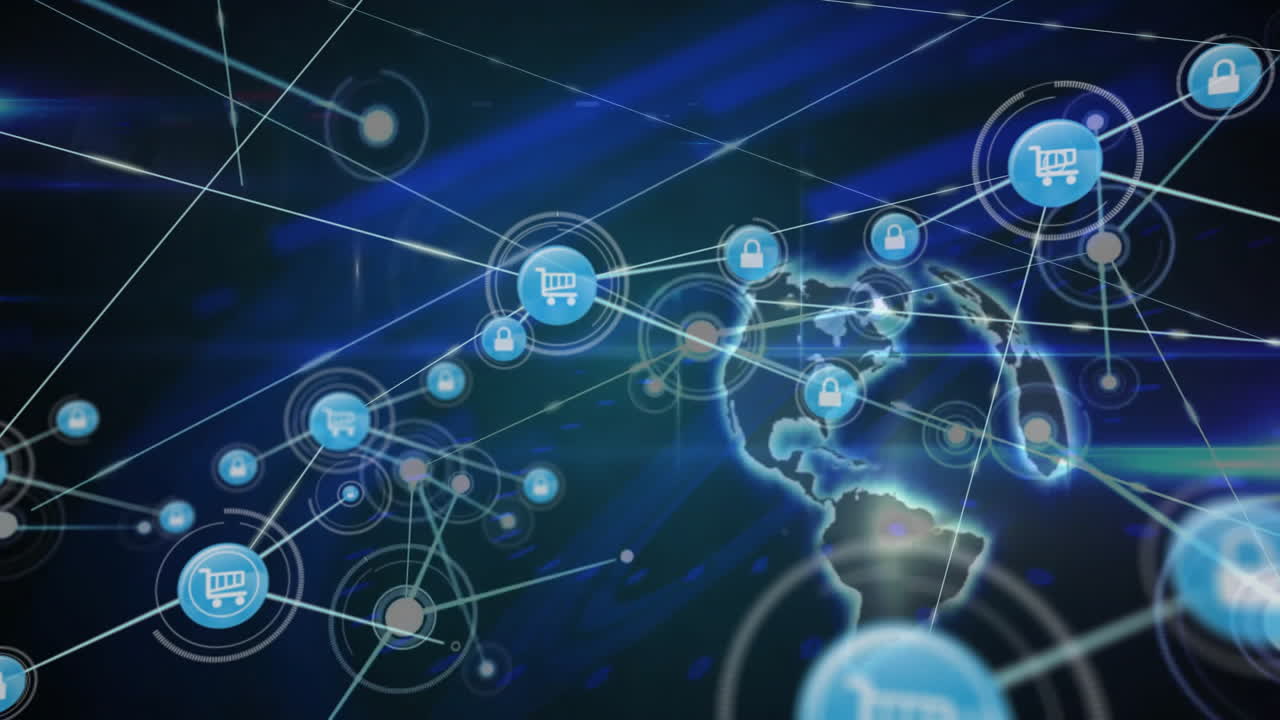 animación de iconos conectados y globo giratorio contra un fondo abstracto