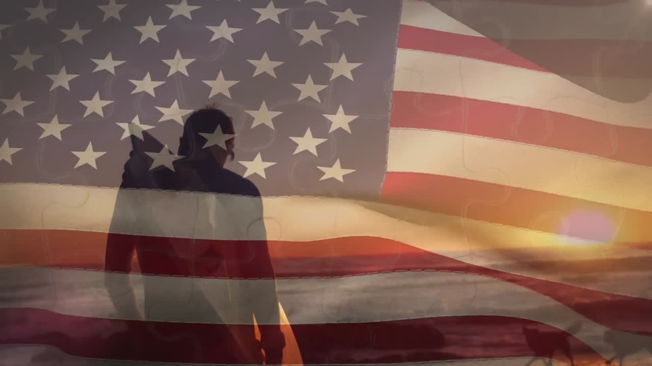 서프보드와 개들이 해변을 고 있는 남자를 향해 미국 발을 흔들고 있는 애니메이션