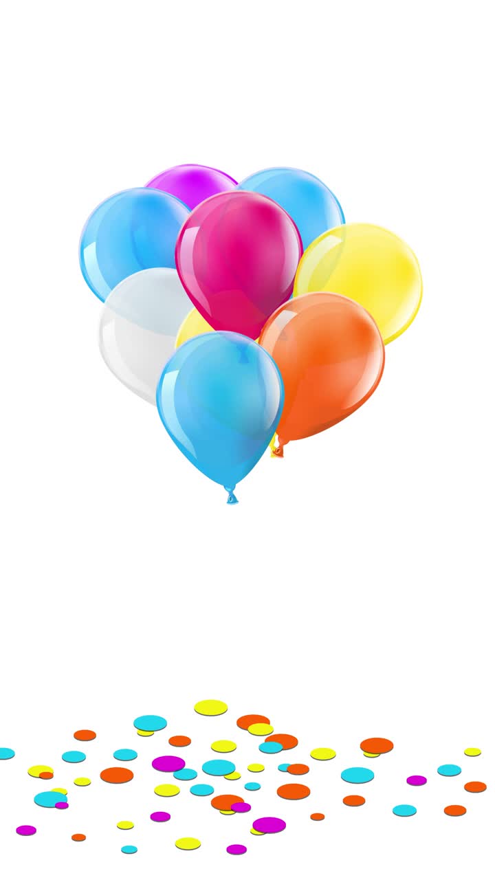 A seamlessly looping 3D animation CGI render of vibrant party balloons rising with confetti scattering beneath. Ideal video footage for celebrations, birthdays, promotions, and backgrounds