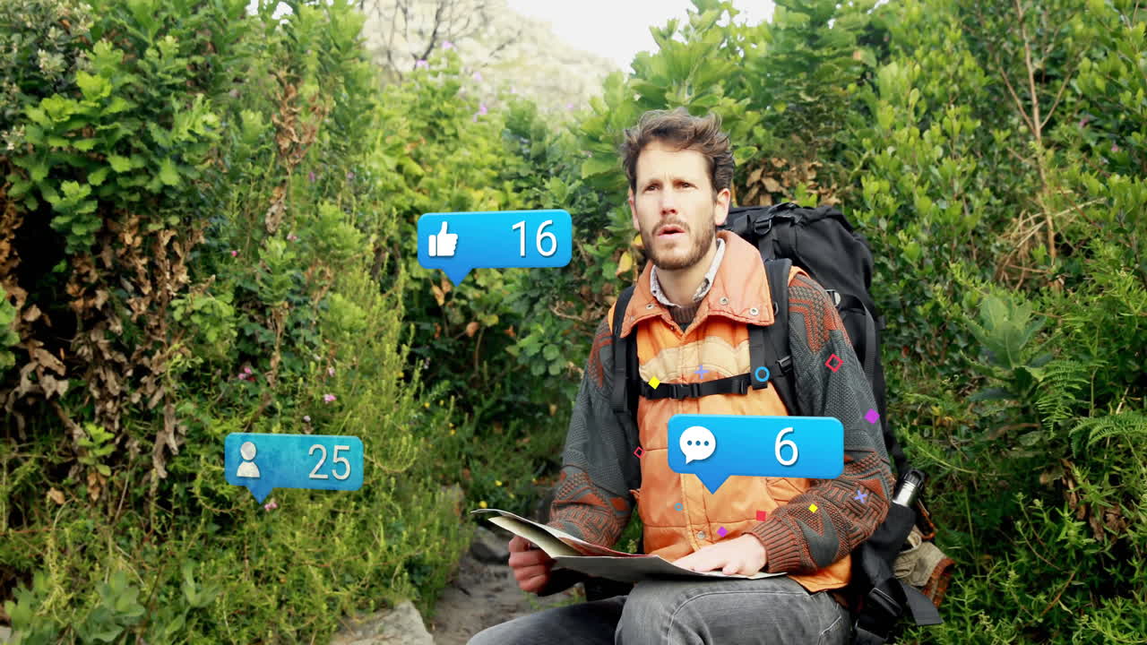 Hiker studying paper map in forest, displaying marketing UI icons with likes followers comments