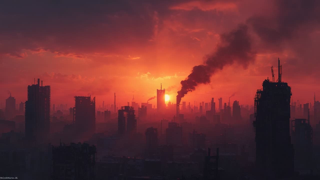 Camera opening shot revealing industrial city skyline silhouette at dusk with chimney smoke rising