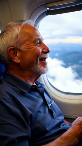 a senior man is smiling and looking out the window of an airplane.