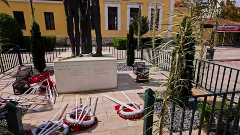 memorial statue in a greek town square