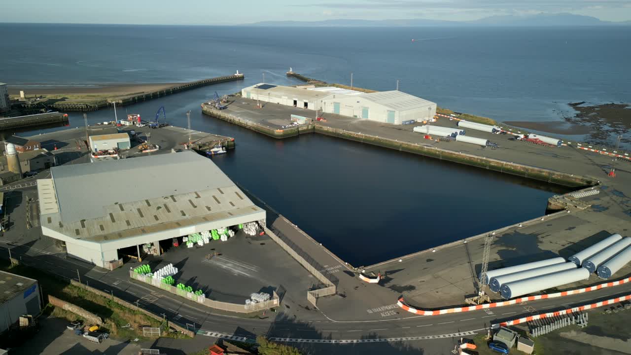 Drone shot Port of Ayr and Firth Of Clyde on west coast of Scotland