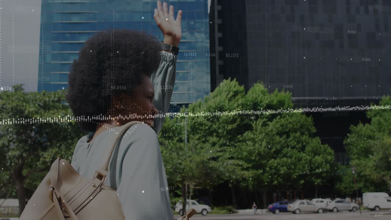 Woman walking business street, glancing offframe and raising arm to hail, waveform overlay midframe