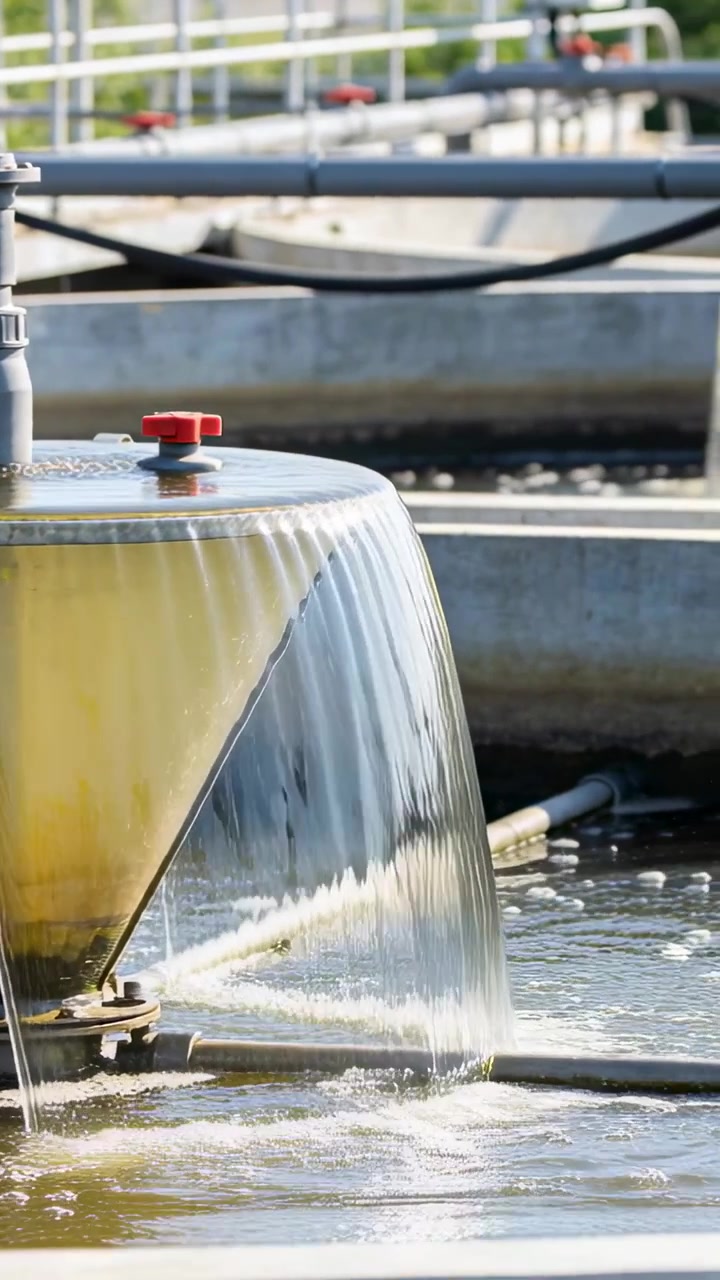 Video verticale: Pompa che alimenta uno stramazzo conico che riversa acqua in una vasca di cemento, mostrando una manopola rossa.