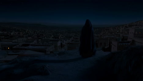 mysterious cloaked figure overlooking an ancient city at night