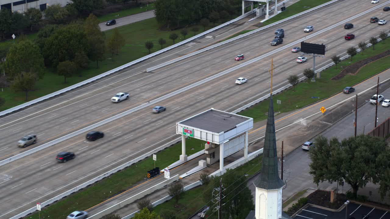 Birds eye view of cars on Beltway 8 toll road in Houston, Texas
