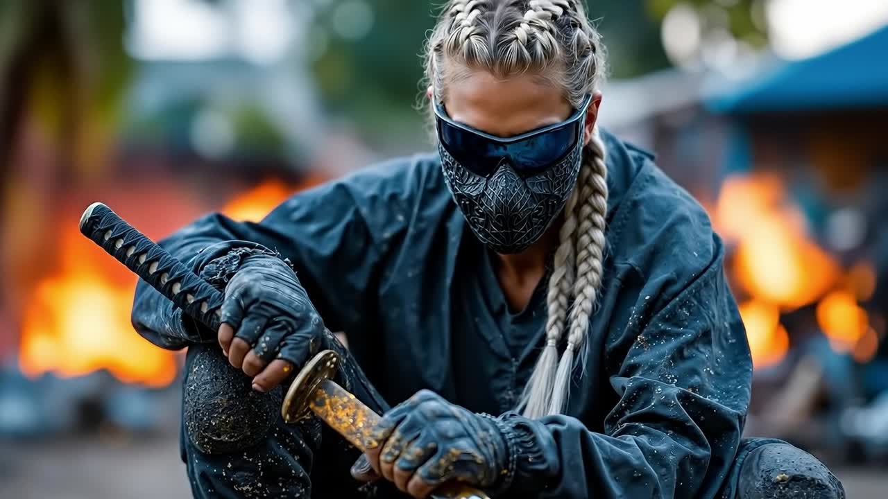 A woman in a black mask and black gloves holding a sword