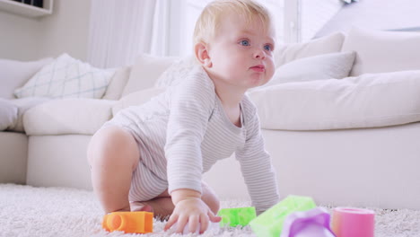 toddler boy crawling on floor playing with toys, close up