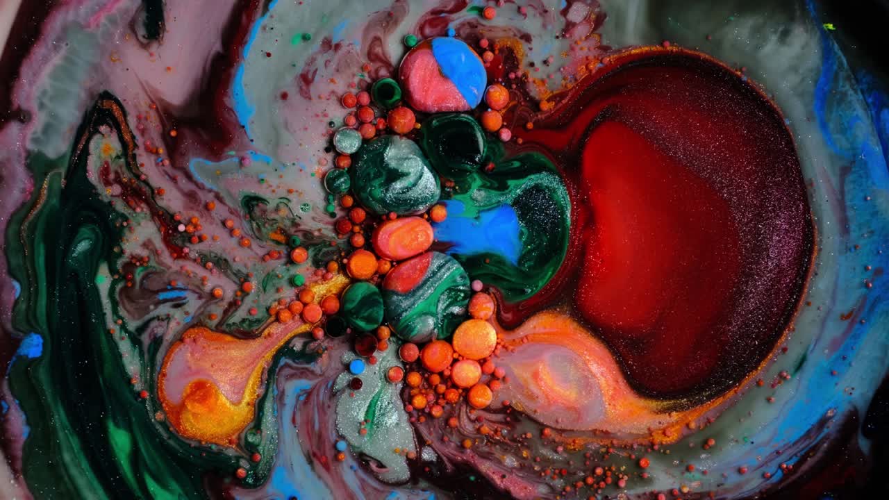 Colorful paint and bubbles abstract background 4k video