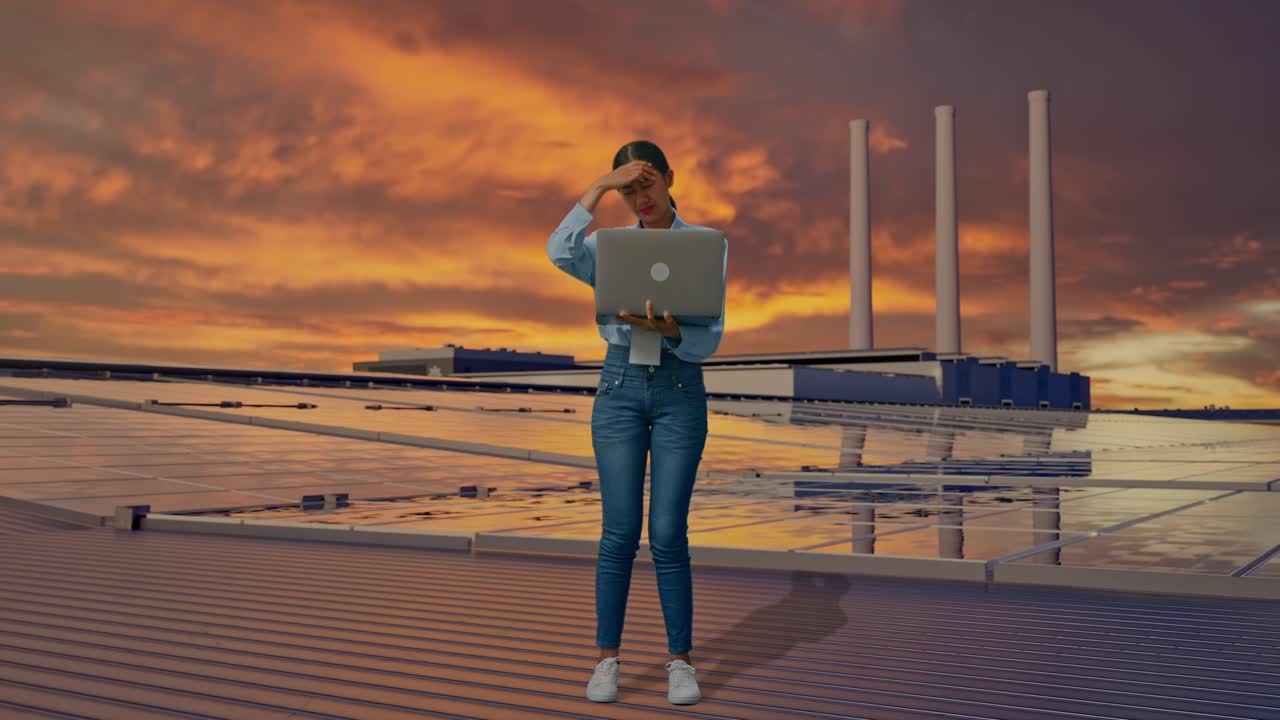 Una donna asiatica a figura intera con il suo laptop, ispeziona pannelli solari su un tetto al tramonto, annuisce con disappunto.