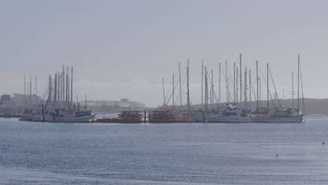 Slow-motion-shot-of-sail-boats-docked-in-Moss-Landing-Harbor-California