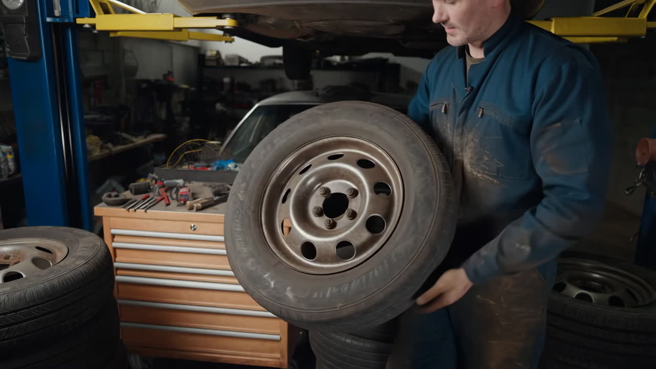 Mechanic Working with Tires in an Auto Repair Shop