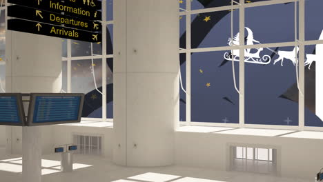 animation of christmas santa claus in sleigh with reindeer and snow falling seen through window