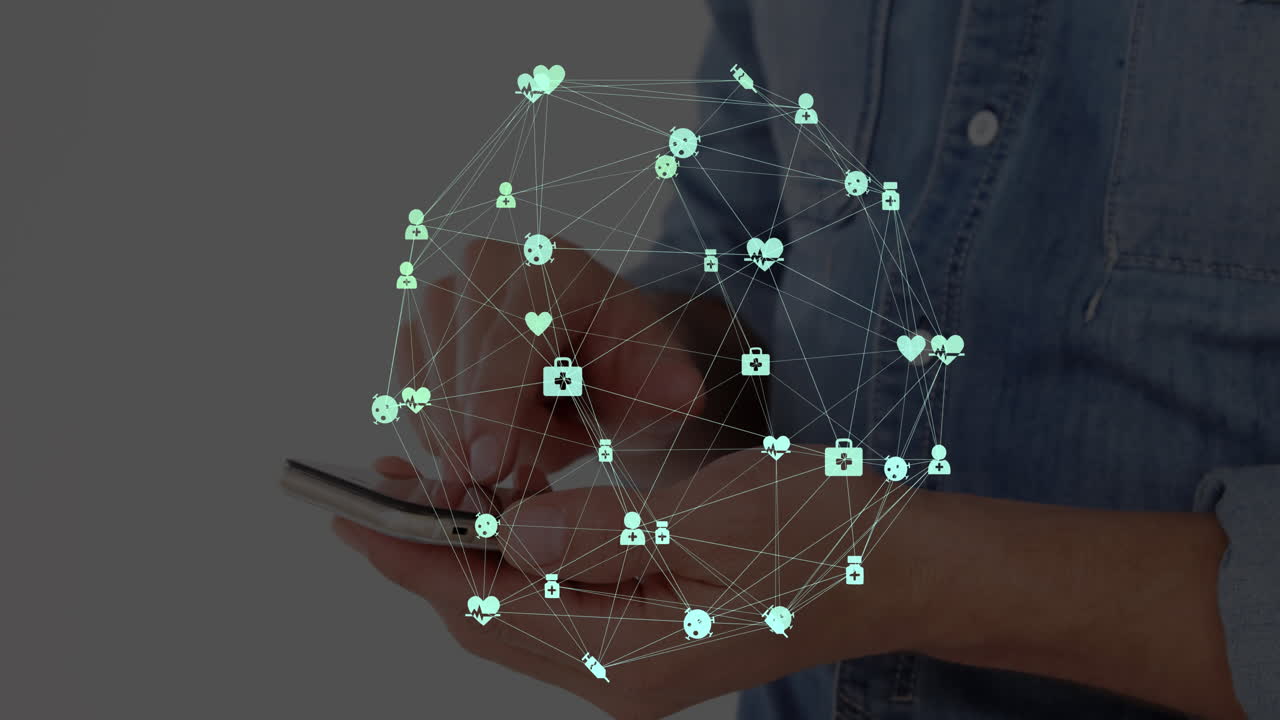 animación del globo con una red de conexiones con iconos digitales sobre una mujer que usa un teléfono inteligente