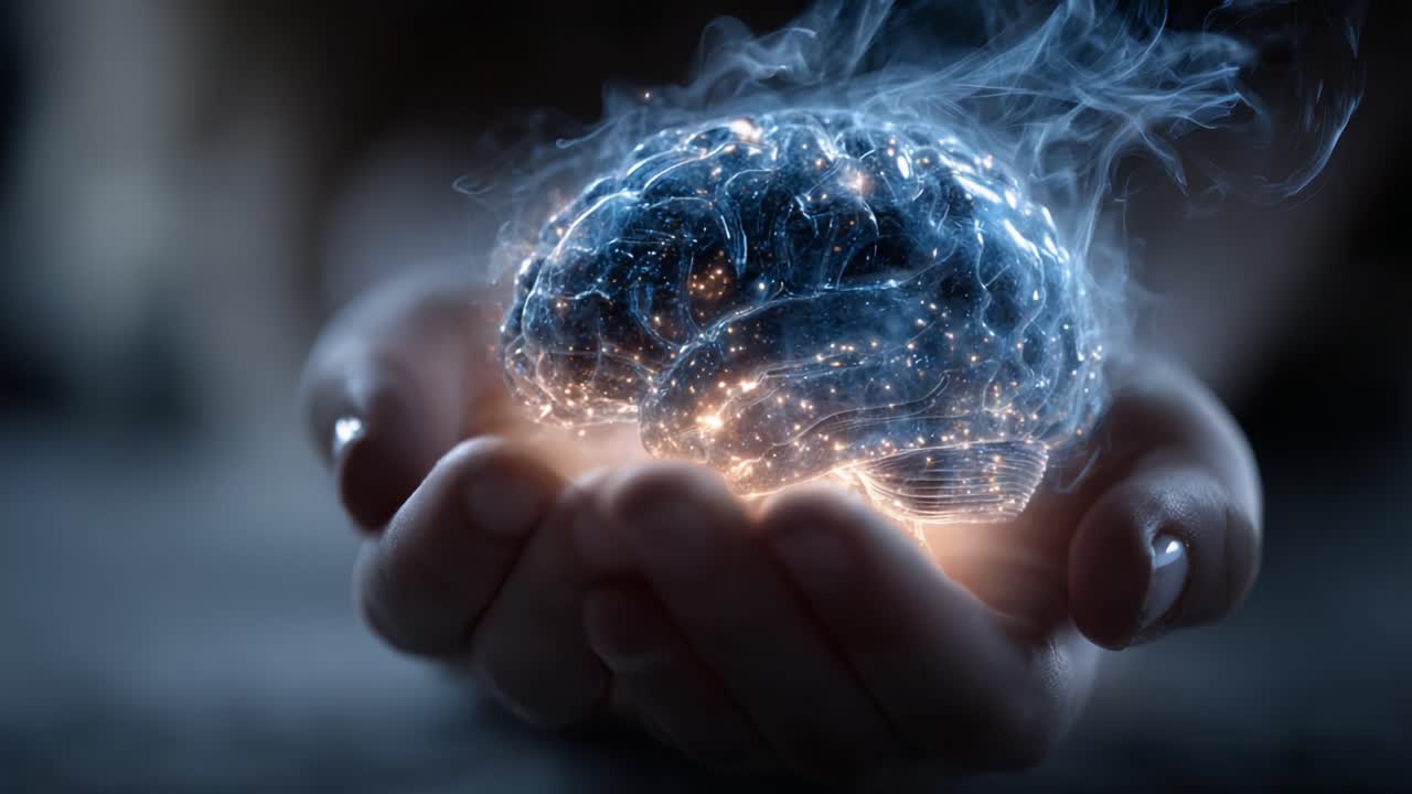 A Visualization of Creative Intelligence: A Hand Holding a Glowing, Ethereal Brain Surrounded by Mystical Smoke and Stars Symbolizing Knowledge and Innovation