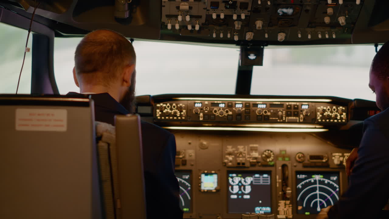 Flying aircrew preparing to takeoff with airplane in cockpit