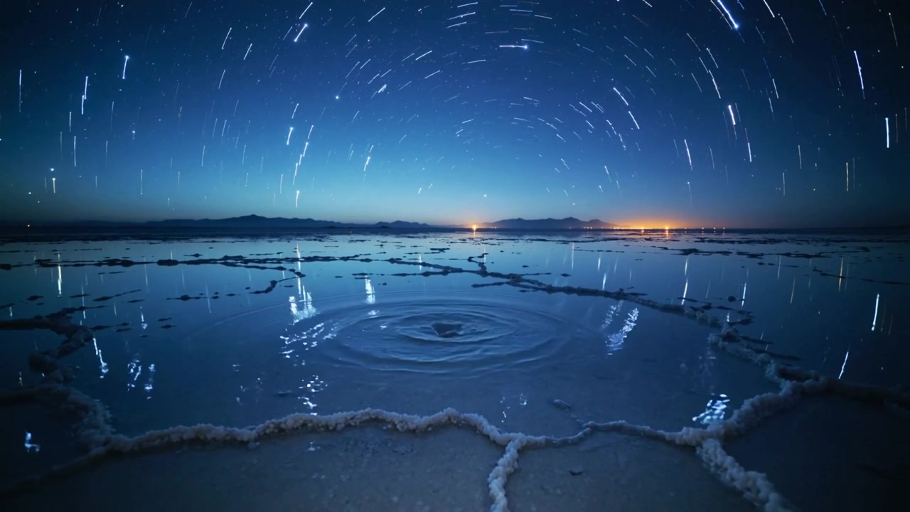 Droplet falling into shallow mirror pool, making ripples across salt polygons, bending star trails
