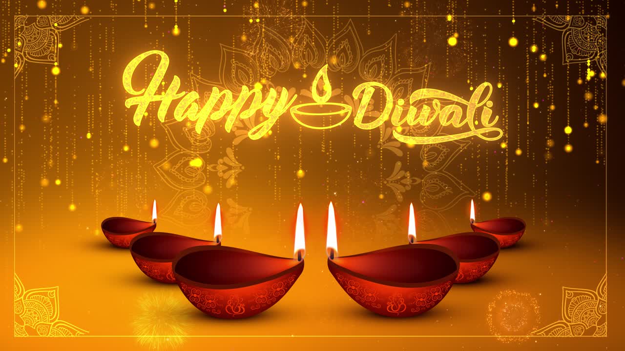 Diwali, Deepavali o Dipavali, festa indiana delle luci con diya d'oro, sfondo animato 4K, auguri.