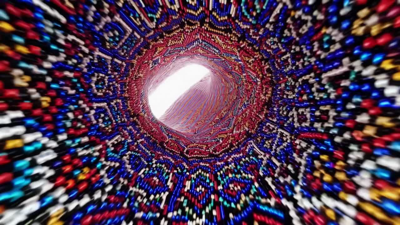 Colorful bead tunnel spirals inward, creating a captivating motion sequence that highlights the vibrant patterns and textures within the scene's immersive depth