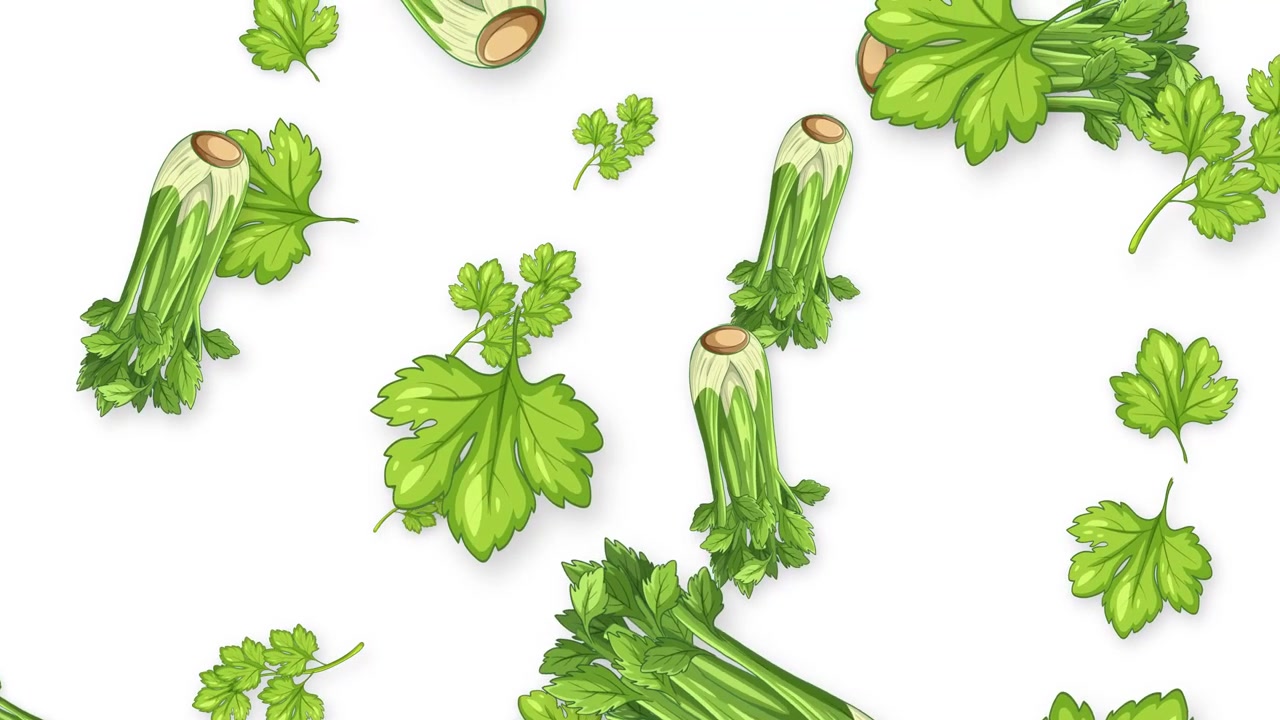 Green celery stalks and parsley leaves fall and rotate against a clean white background.