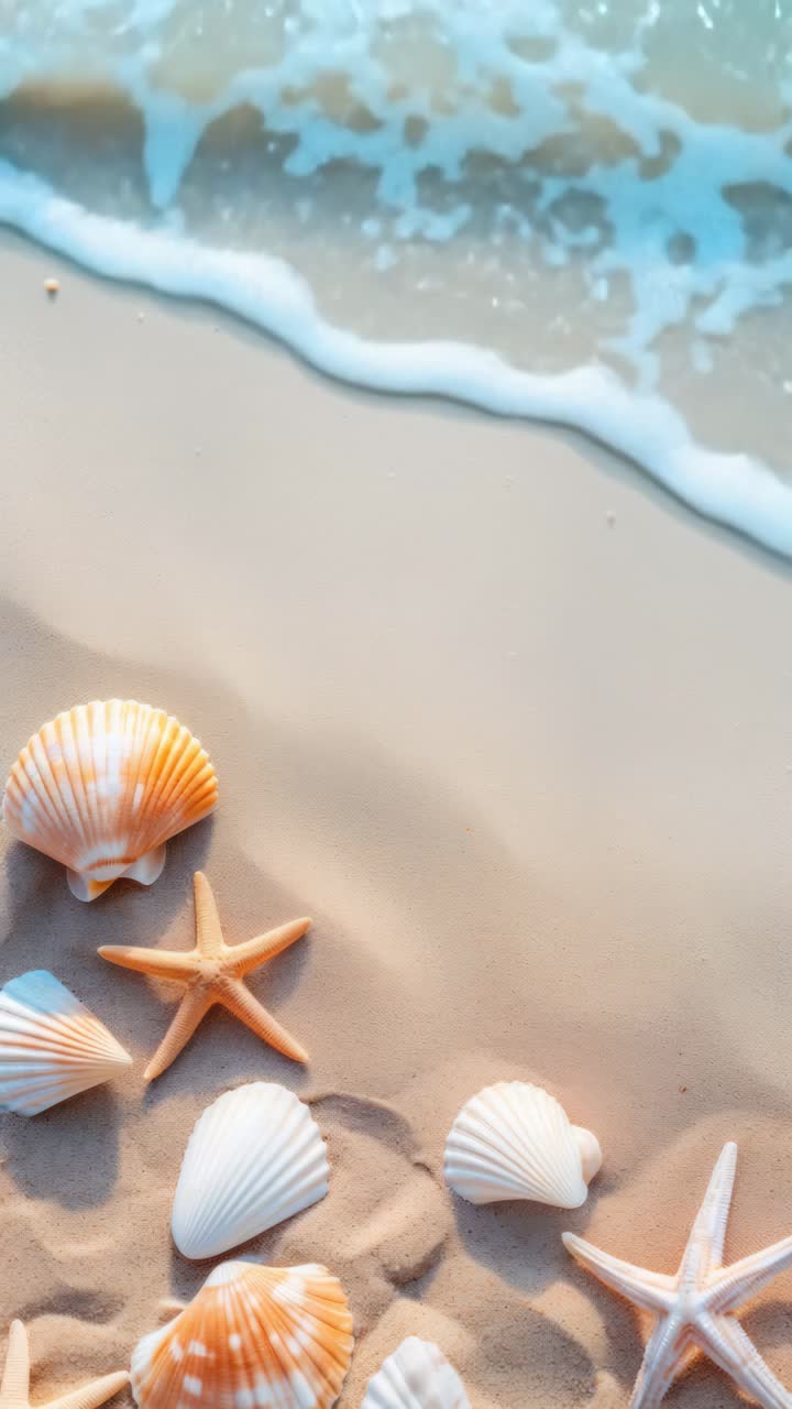 Aerial view of seashells and starfish on sandy beach with gentle waves