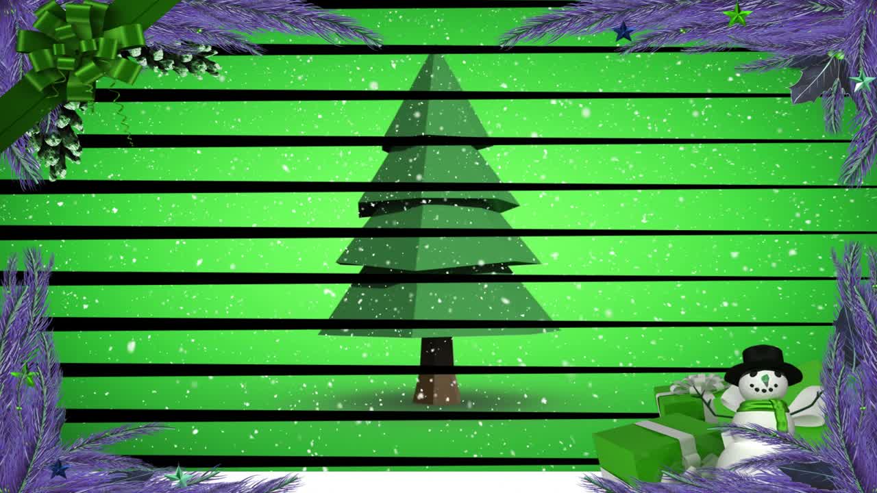 Black slats sliding upward revealing snowflakes, Christmas tree, snowman, gifts for festive display