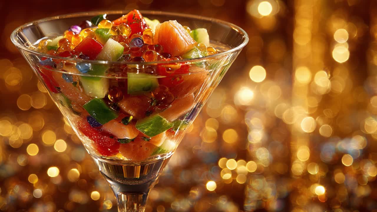 A Spectacular Fruit Cocktail Ensemble in a Martini Glass Showcasing Vibrant Colors and Glimmering Bokeh for an Inviting Dessert Experience