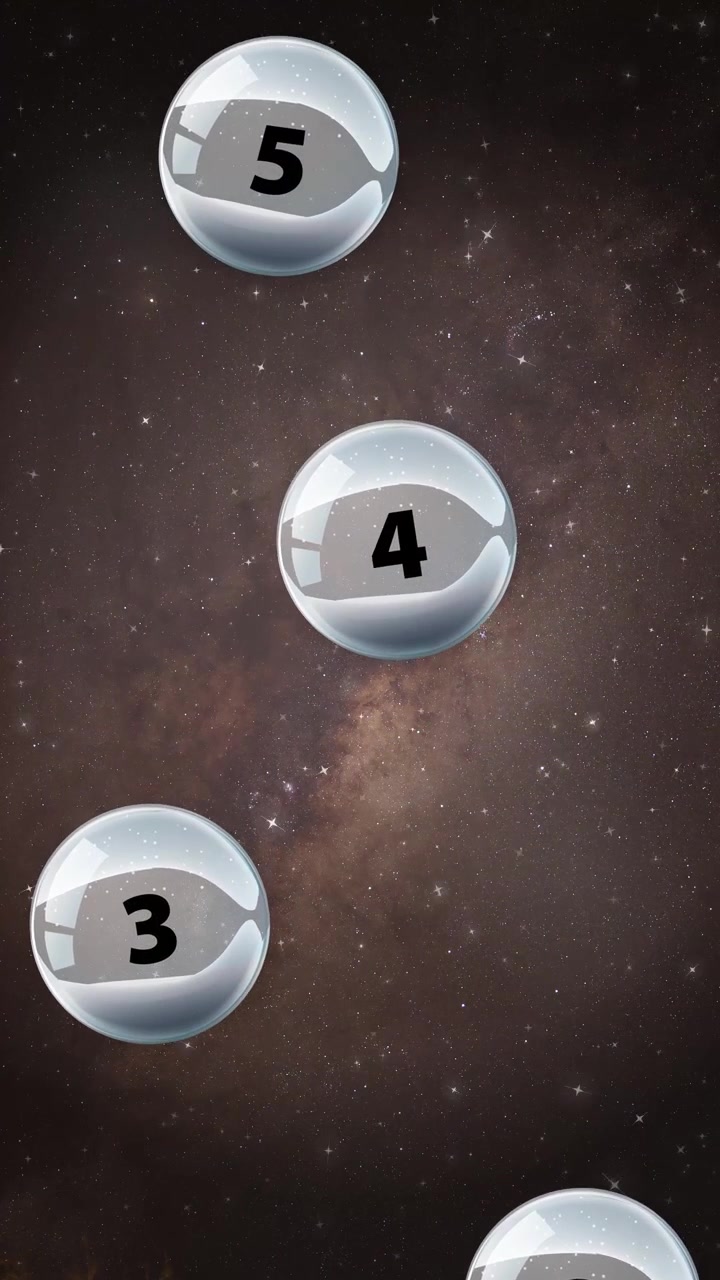 Numbered glass orbs fall vertically against a realistic starry nebula background in this vertical animation.